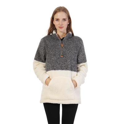 Women Trendy Two Tone Patchwork Fleece Pullover Zip Sherpa Sweater-MXDSS287