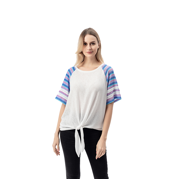 YiWu Wholesales Women Stripe Raglan Tie Front Shirt MXDSS738
