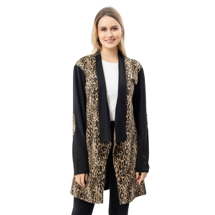 New Arrival Women Black Sleeves Elbow Leopard Cardigan MXDSS786