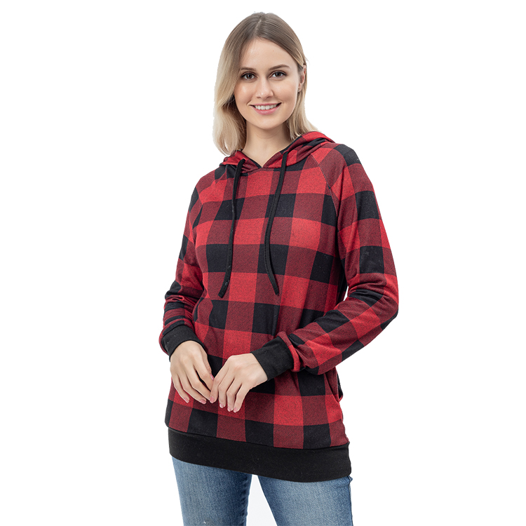 Wholesale Ladies Buffalo Plaid Seam Pocket Pullover With Hoodie MXDSS772