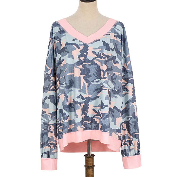 YIWU Wholesale Pink V-Neck Camouflage Pullover MXDSS704