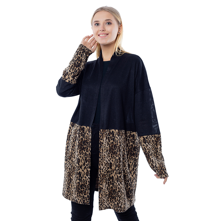 Fashion Women Black Leopard Color Block Long Sleeves Cardigan MXDSS817