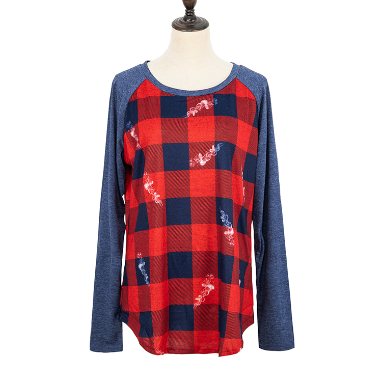 High Quality Casual Buffalo Plaid Navy Long Sleeves Top MXDSS707