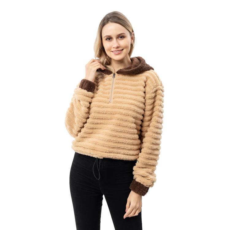 Yiwu Wholesale Fashion Quarter Zipper Stripe Sherpa Fleece Pullover With Hoodie MXDSS794