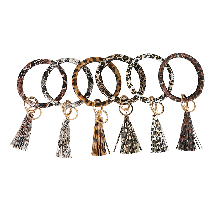 Circle Multi-Print Bracelet Keychain Fashion PU Round Key Ring Bangle MXDKR002