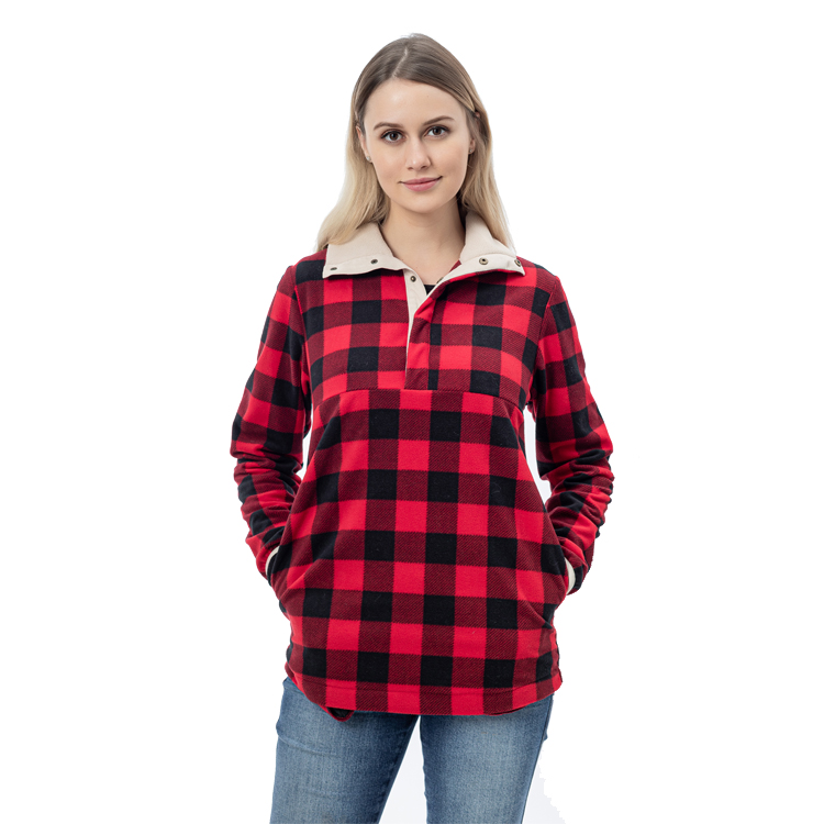 Red And Black Cozy Buffalo Plaid Sherpa Fleece Pullover MXDSS771