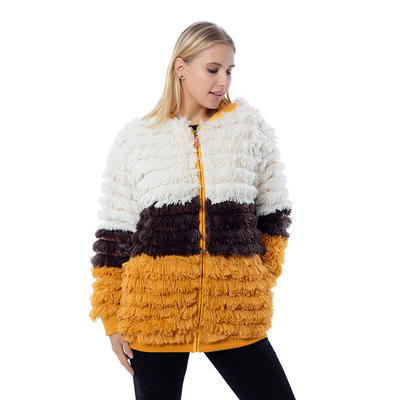Yiwu Wholesale Fashion Shaggy Faux Fur Women Color Block Jacket MXDSS812
