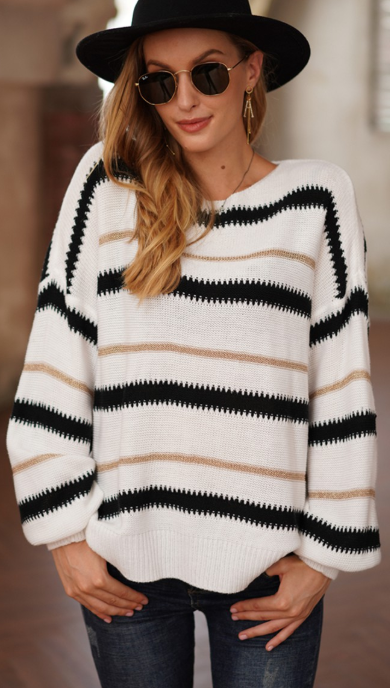 Long Sleeve Wide Round Neck Trendy Stripe Sweater