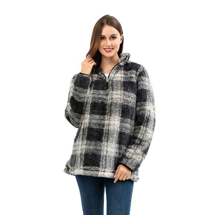 Ready To Ship Gray Buffalo Plaid Sherpa Fleece Pullover MXDSS907