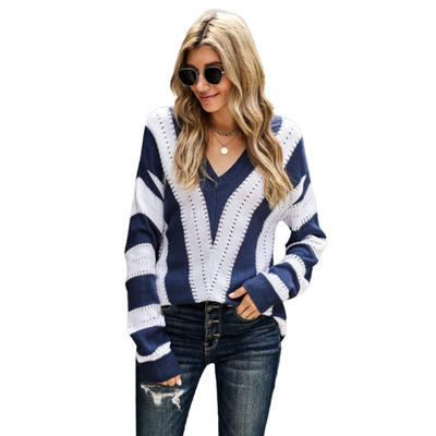 Striped Color Block V Neck Knitted Sweater